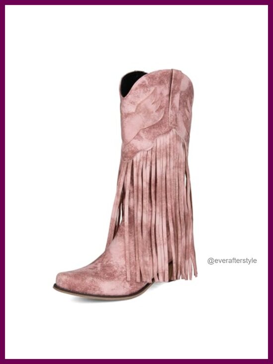 Shoes - Fringe Denim Cowgirl Boots Pointed Toe Mid Calf Chunky Stacked Heel Western